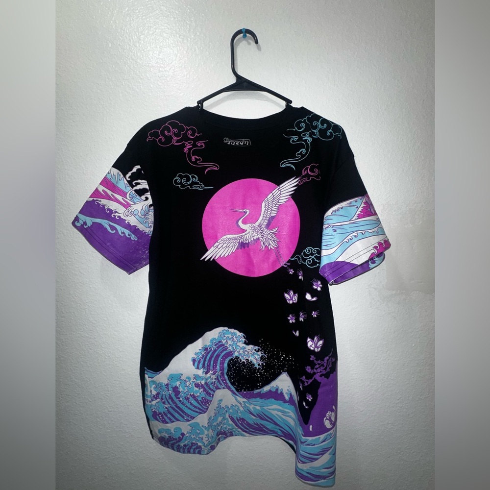 Black Graphic Tee with Purple and Blue Crane Design